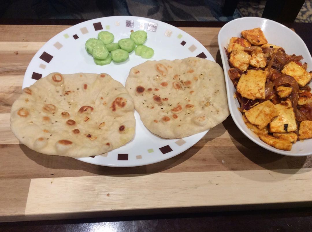 Home Made Garlic Naan and And Paneer Stir