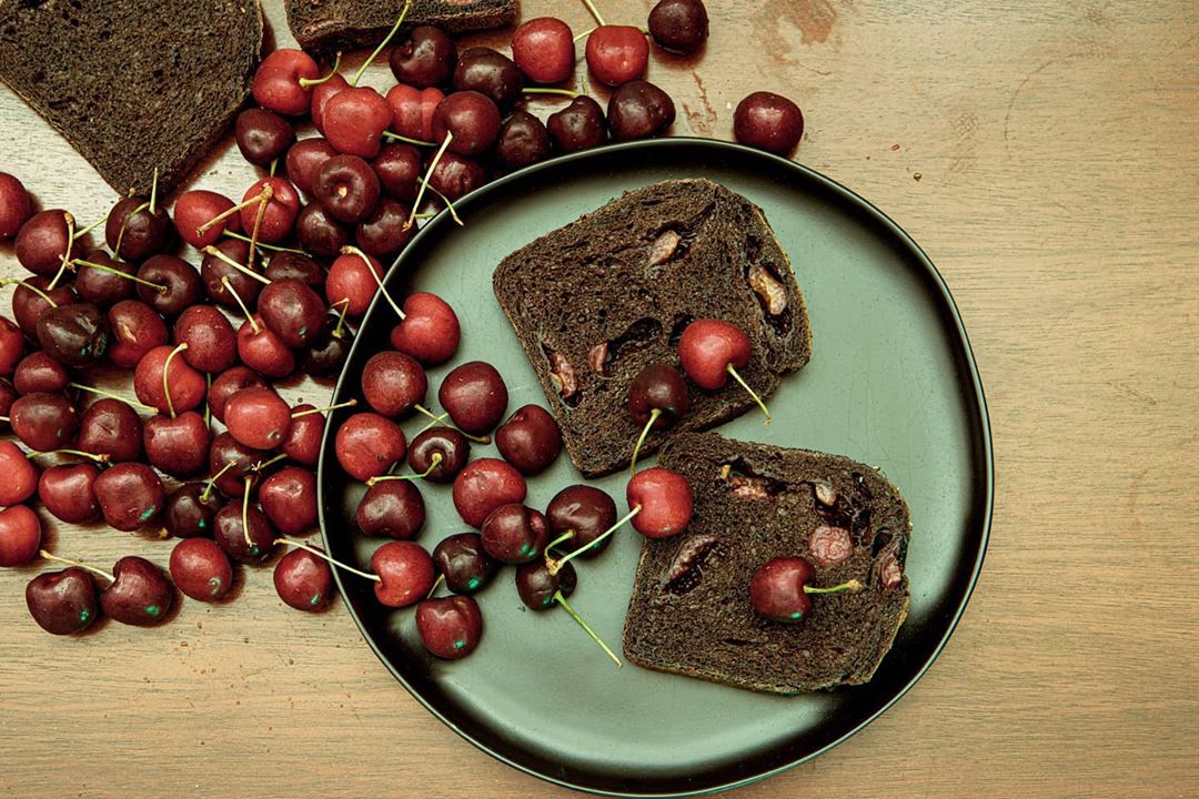Chocolate Sourdough Sandwich Bread with Fresh Cherries