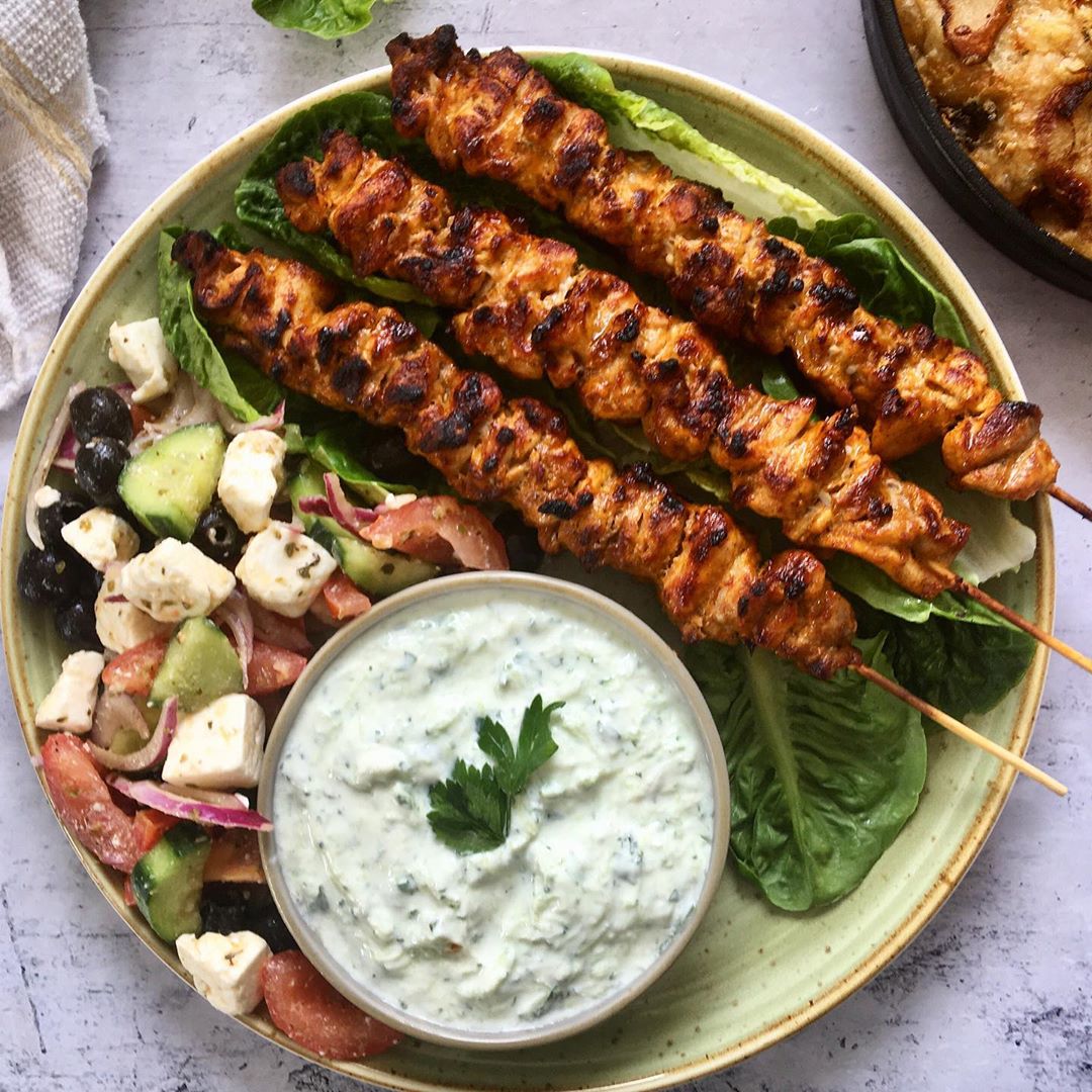 Chicken Souvlaki, Greek Salad & Tzatziki and a Slice of Focaccia, Bit of an Italian, Greek Mashup