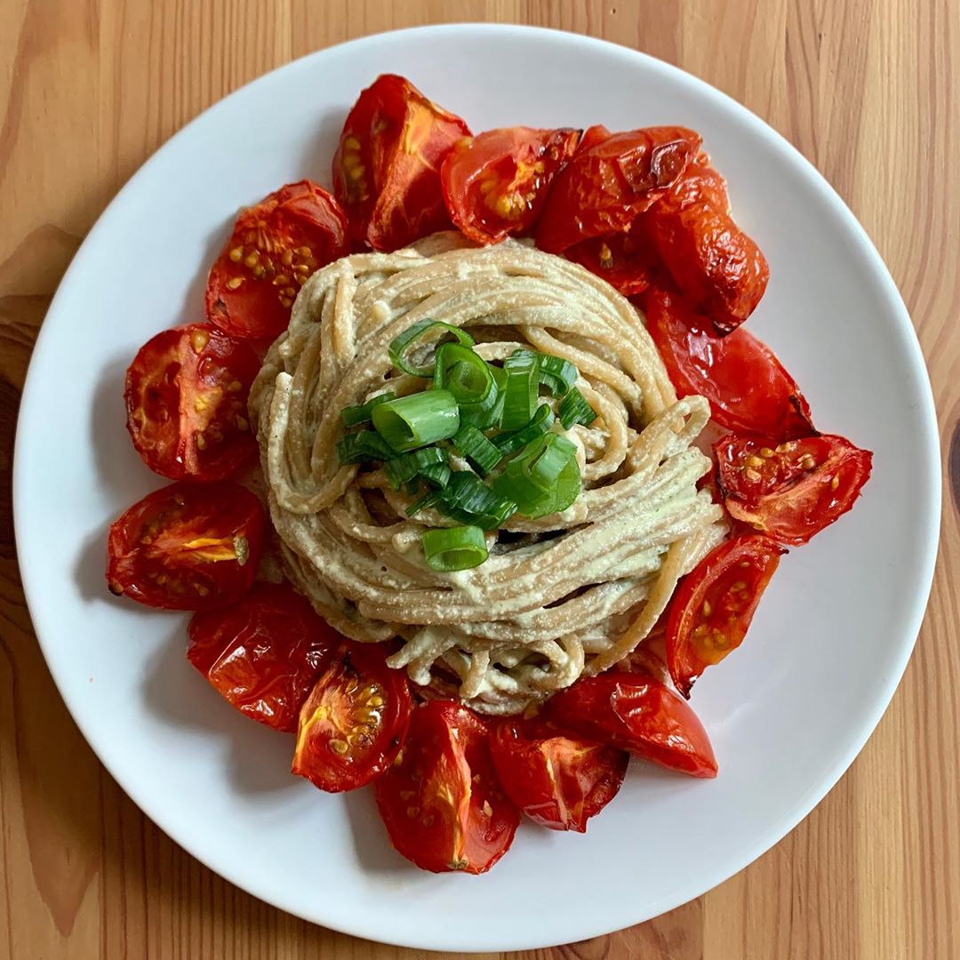 Spaghetti with a Cashew Basil Sauce and Oven Roasted Tomatoes