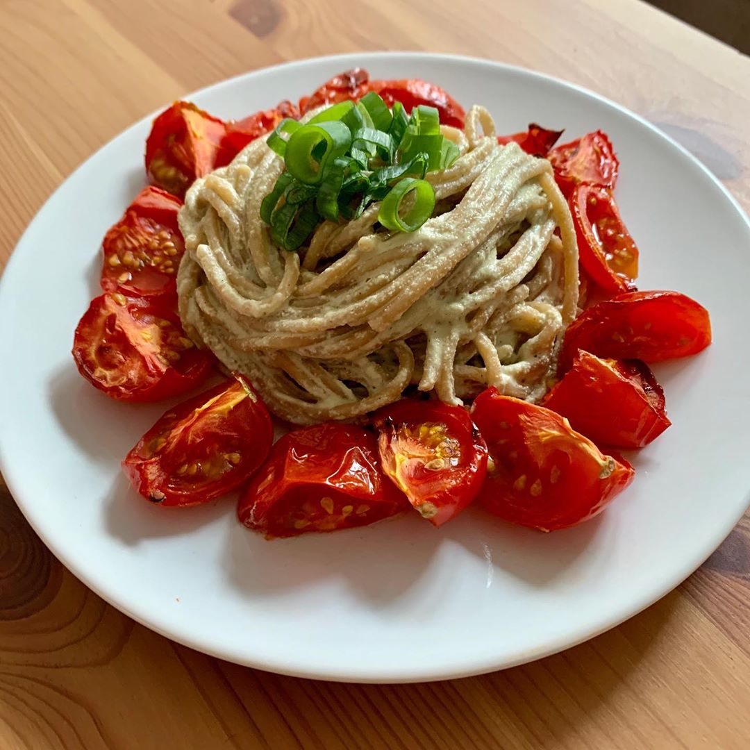 Spaghetti with a Cashew Basil Sauce and Oven Roasted Tomatoes