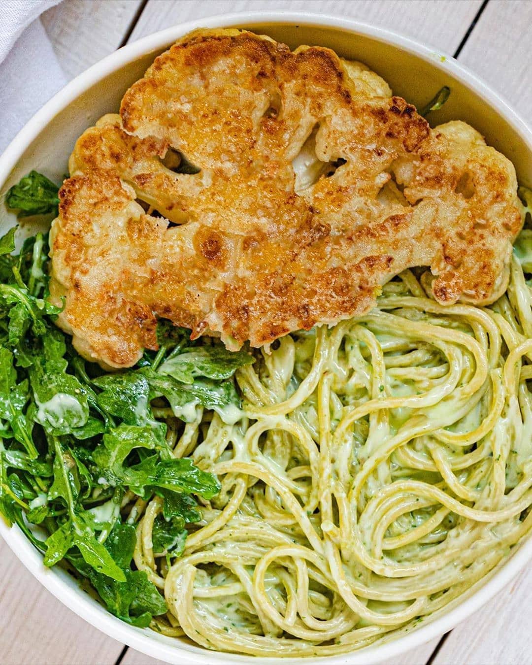 Crispy Cauliflower Steaks with Avocado Pea Pesto Pasta