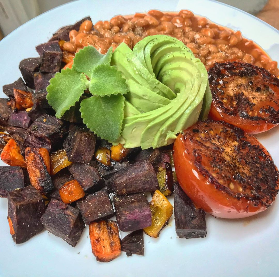 Breakfast Hash with Heinz Beans Grilled Tomatoes and My First Avocado Rose