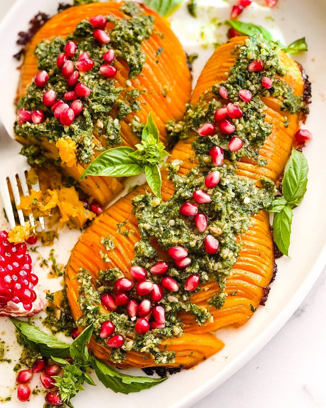 Hassleback Style Roasted Butternut Squash with Pumpkin Seed Pesto