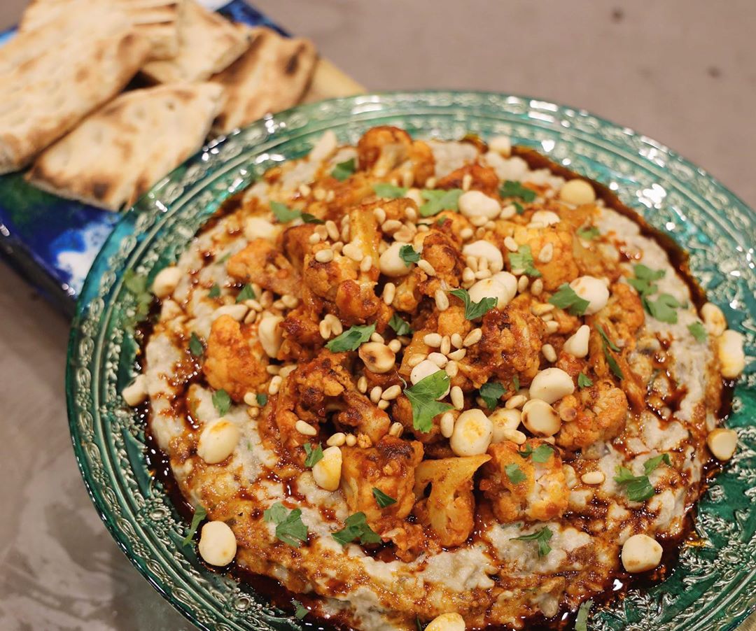Middle Eastern Spiced Cauliflower with Roasted Eggplant Dip