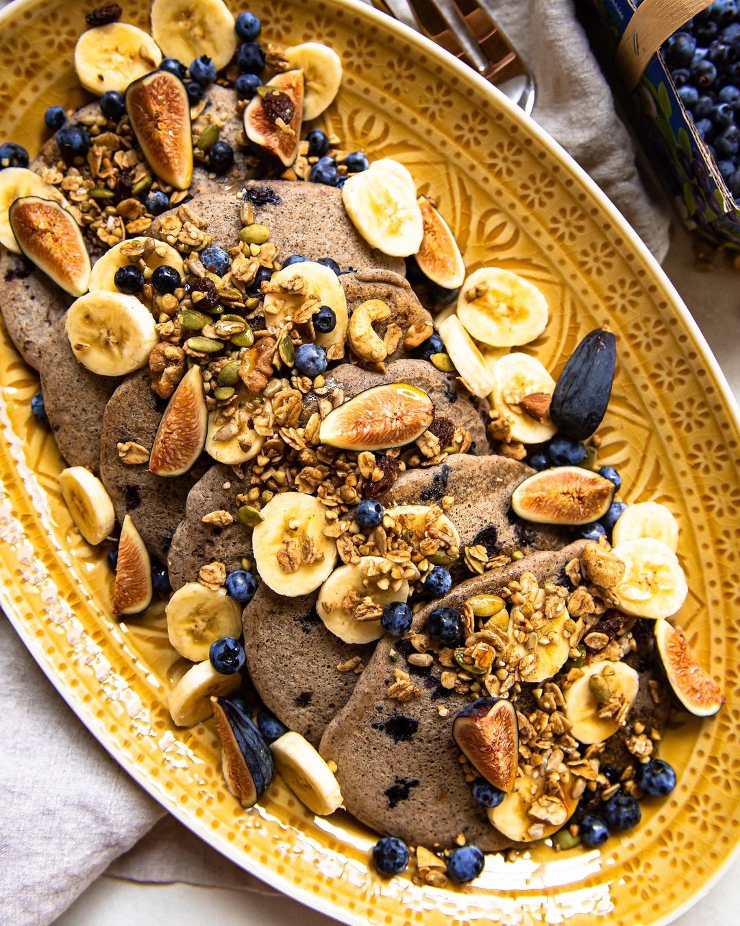 Vegan Fluffy Blueberry Banana Fig Pancakes