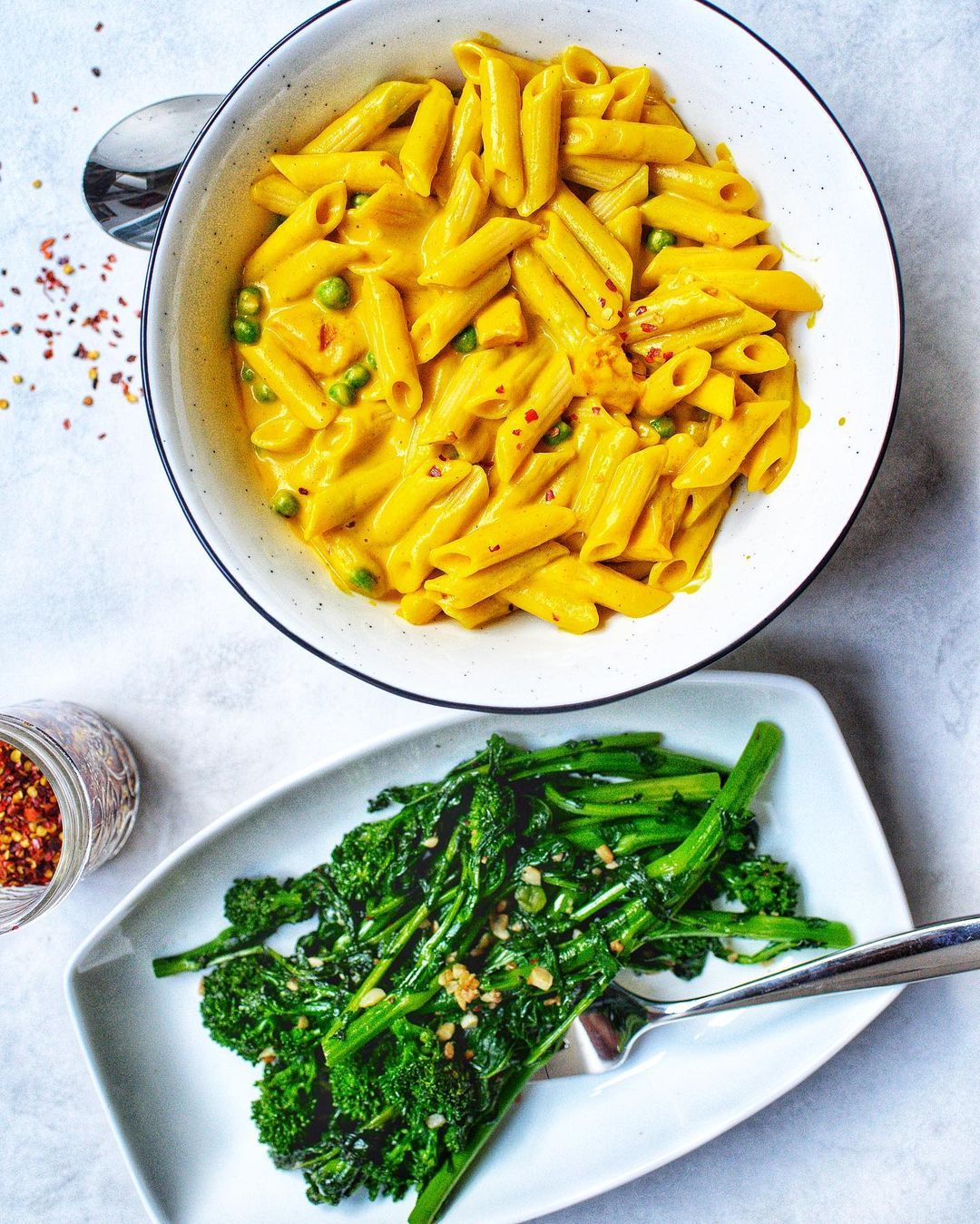 My Curried Butternut Squash Mac and Cheese with Garlicky Rapini