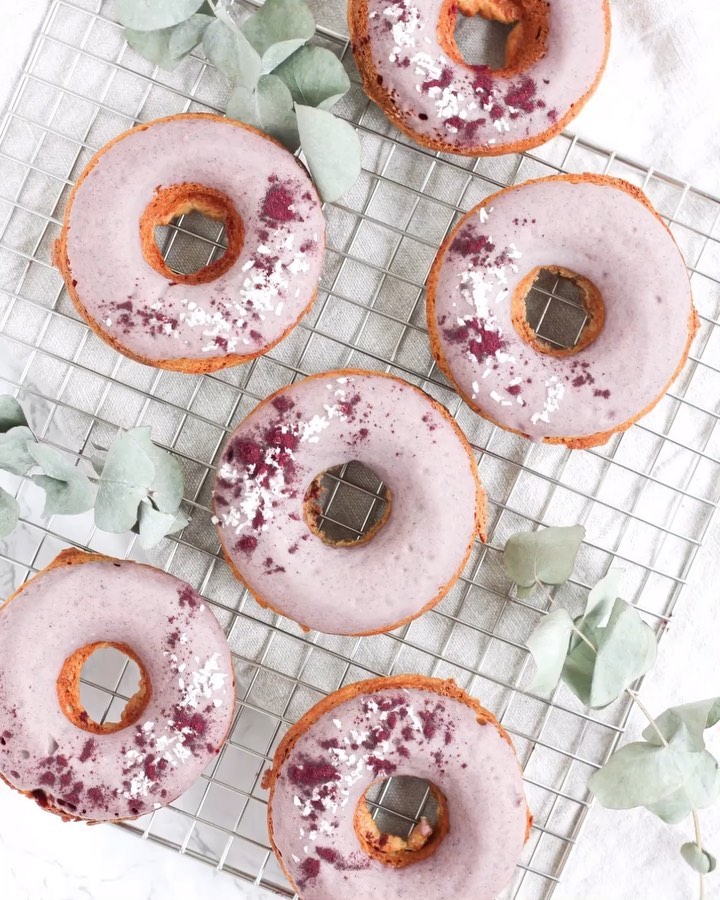Vanilla Protein Donuts with White Chocolate Aronia Berry Frosting