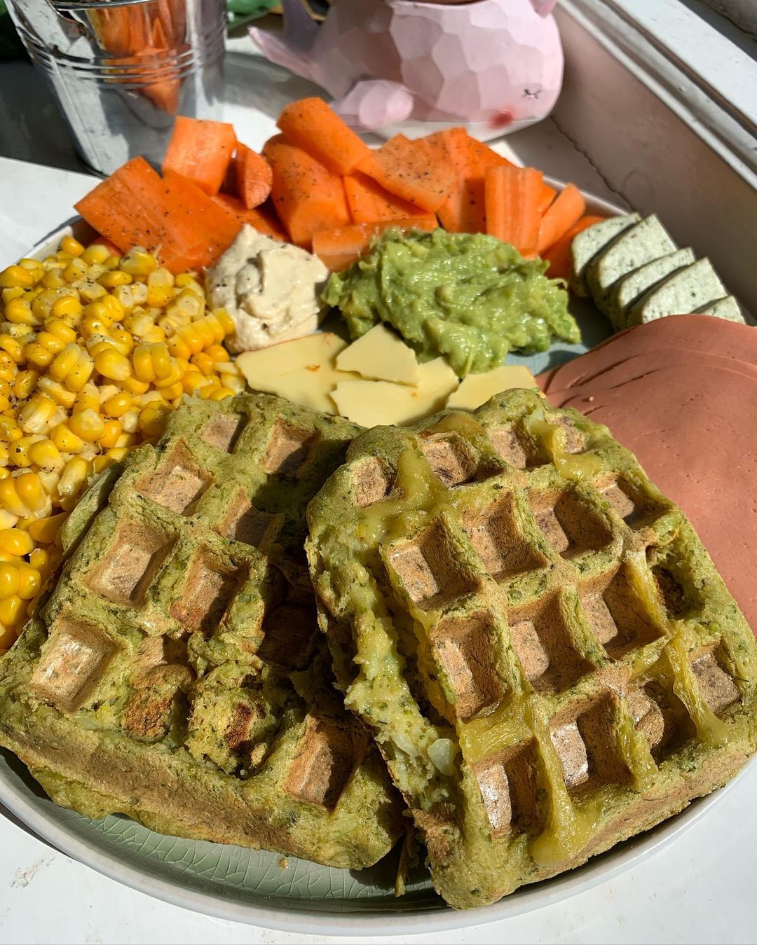 Vegan ‘Ham’ N Cheeze Stuffed Broccoli Waffles