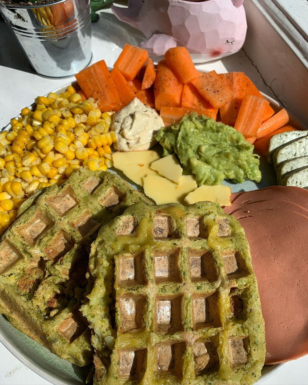 Vegan ‘Ham’ N Cheeze Stuffed Broccoli Waffles