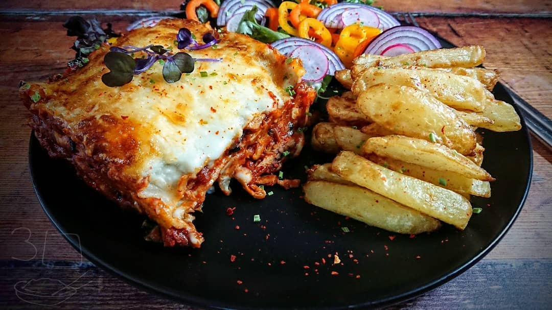 Sweet Chilli 'Chickn' Lasagne and Chips