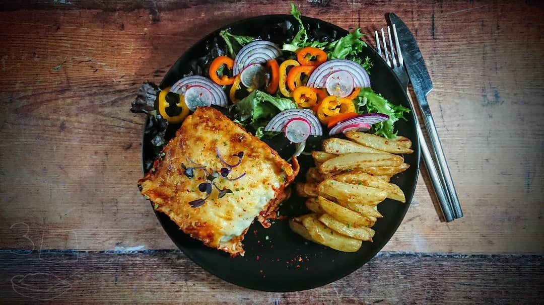 Sweet Chilli 'Chickn' Lasagne and Chips