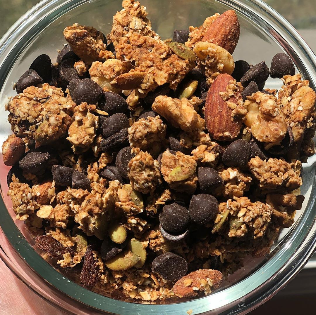 Cinnamon Almond Butter Granola with Chocolate Chips and Raisins