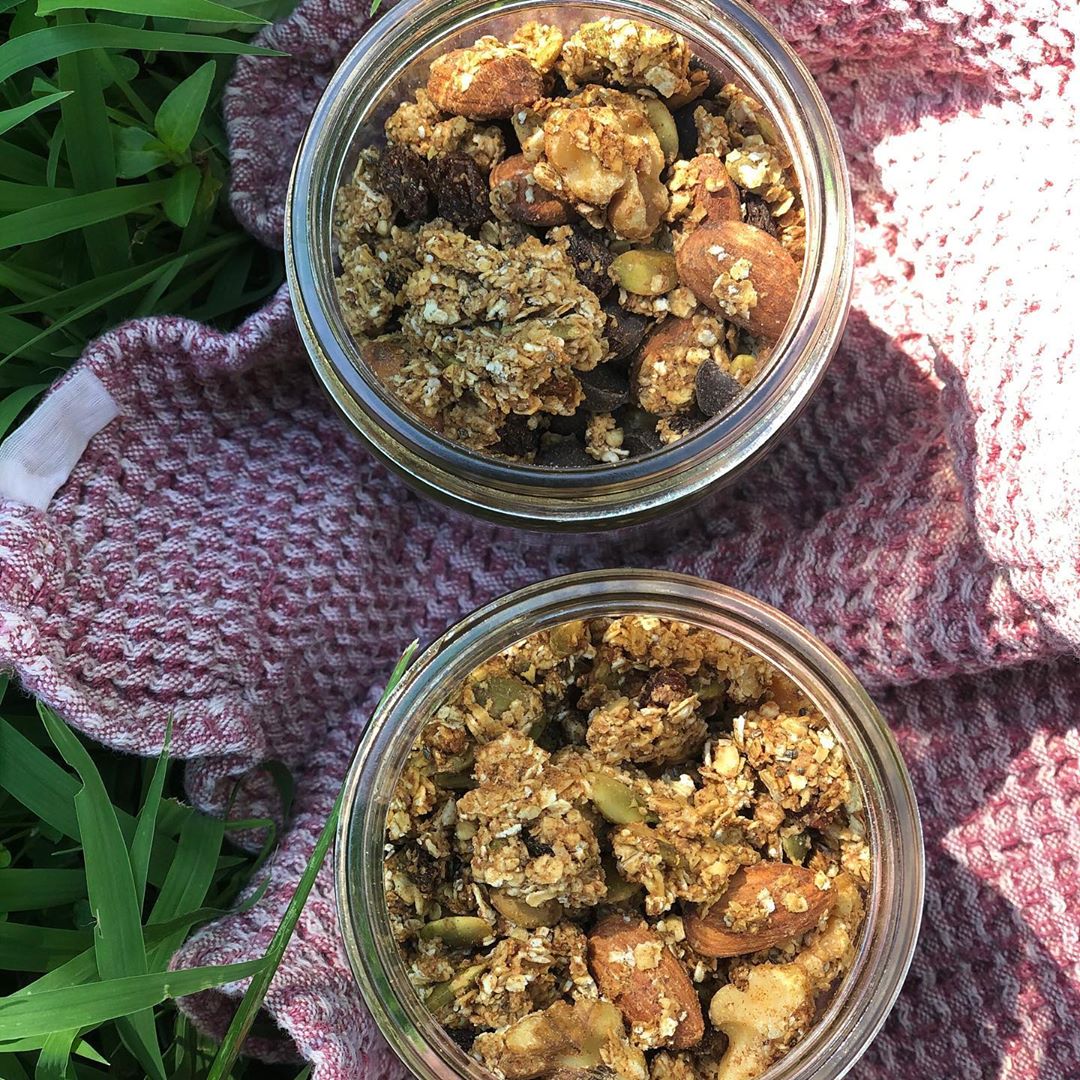 Cinnamon Almond Butter Granola with Chocolate Chips and Raisins