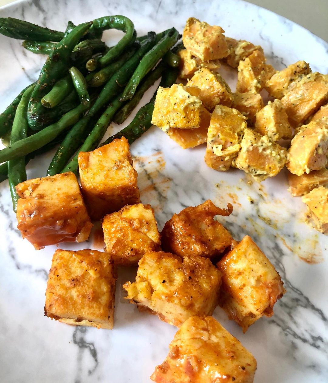 Buff-Barb Chickpea “Tofu” with Seasoned Green Beans and Curry Sweet Potato Salad