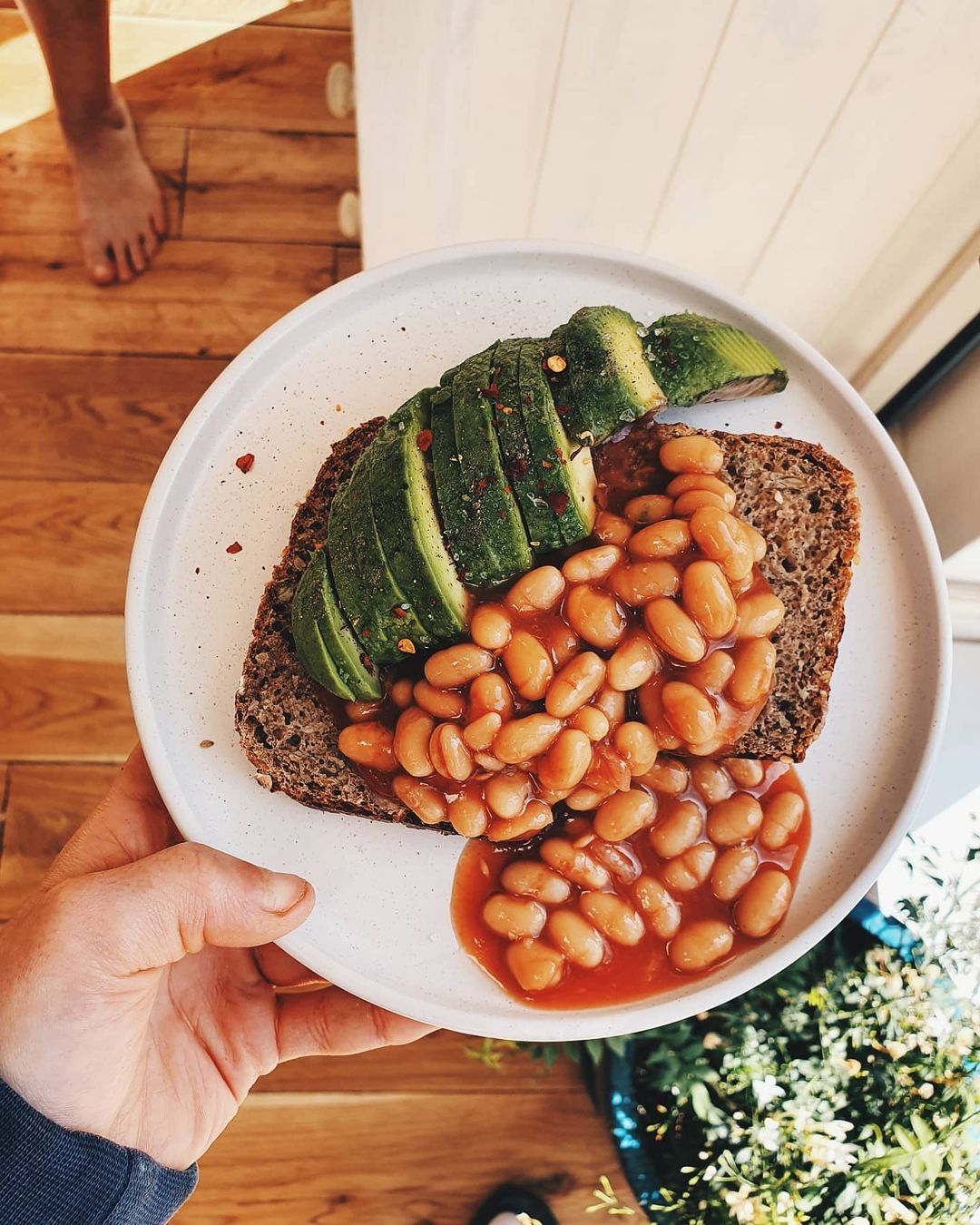 Homemade Baked Beans with Rye Toast and Avocado
