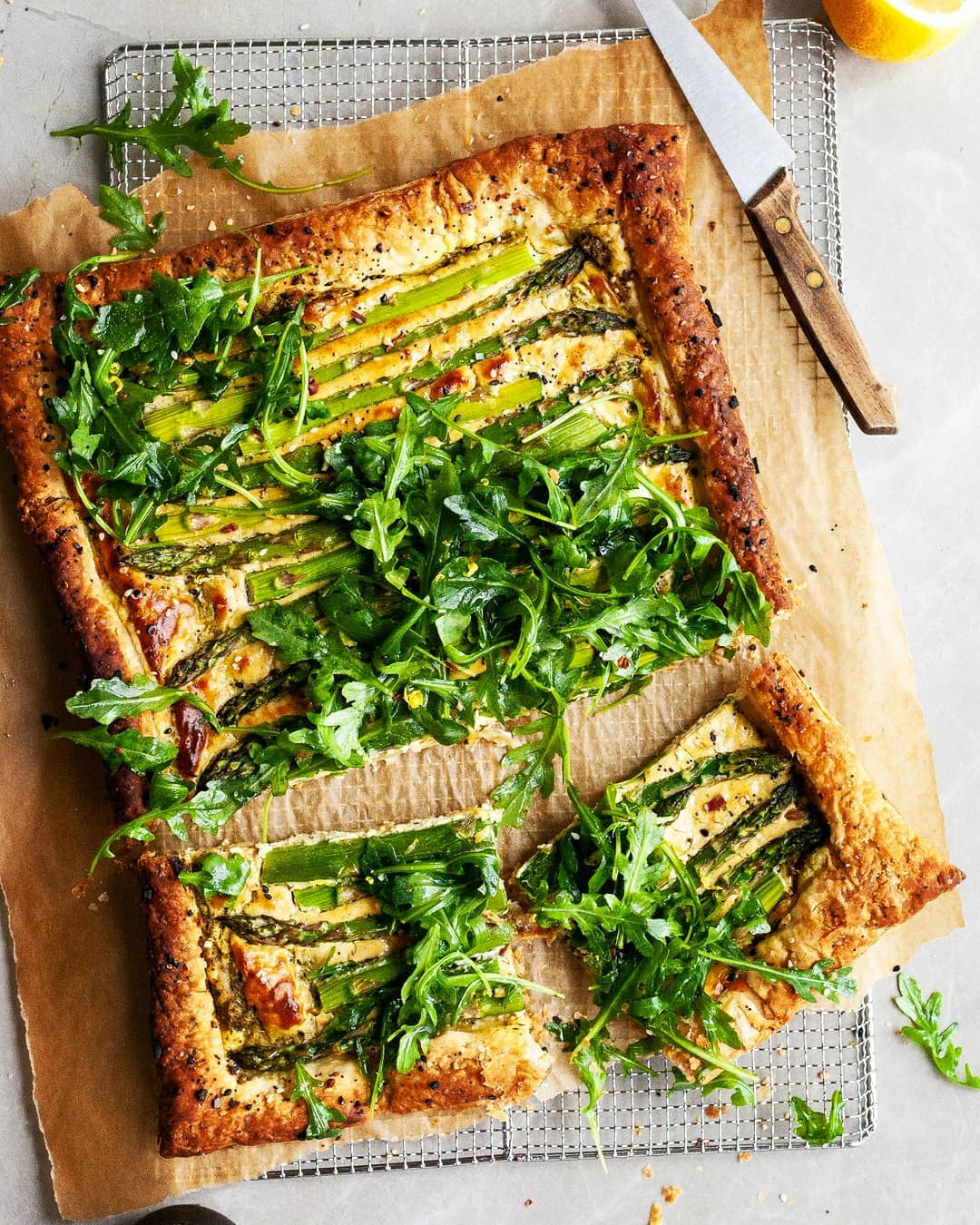 Vegan Asparagus and Pesto Cashew Cheese Tart with Lemon Arugula