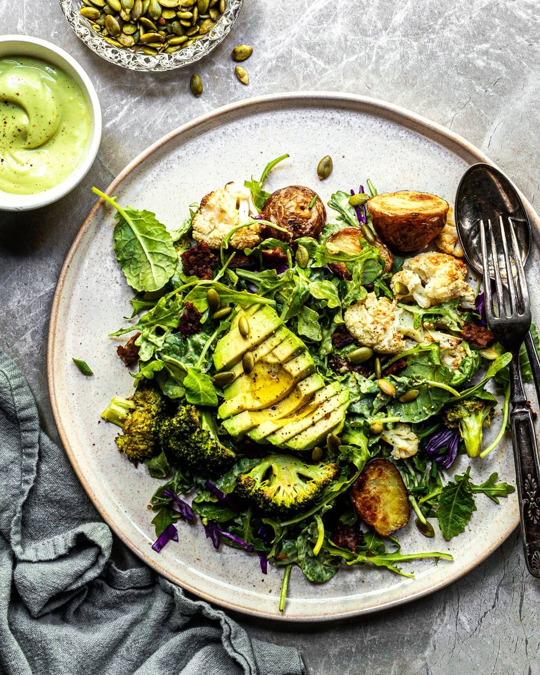 Roasted Vegetable & Kale Salad with Creamy Avocado Caesar Dressing