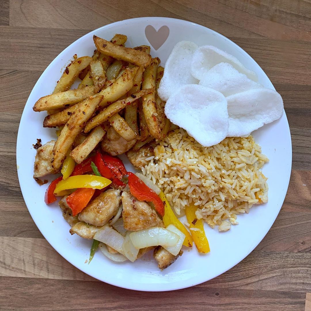 Salt & Chilli Chicken, Chips and Egg Fried Rice