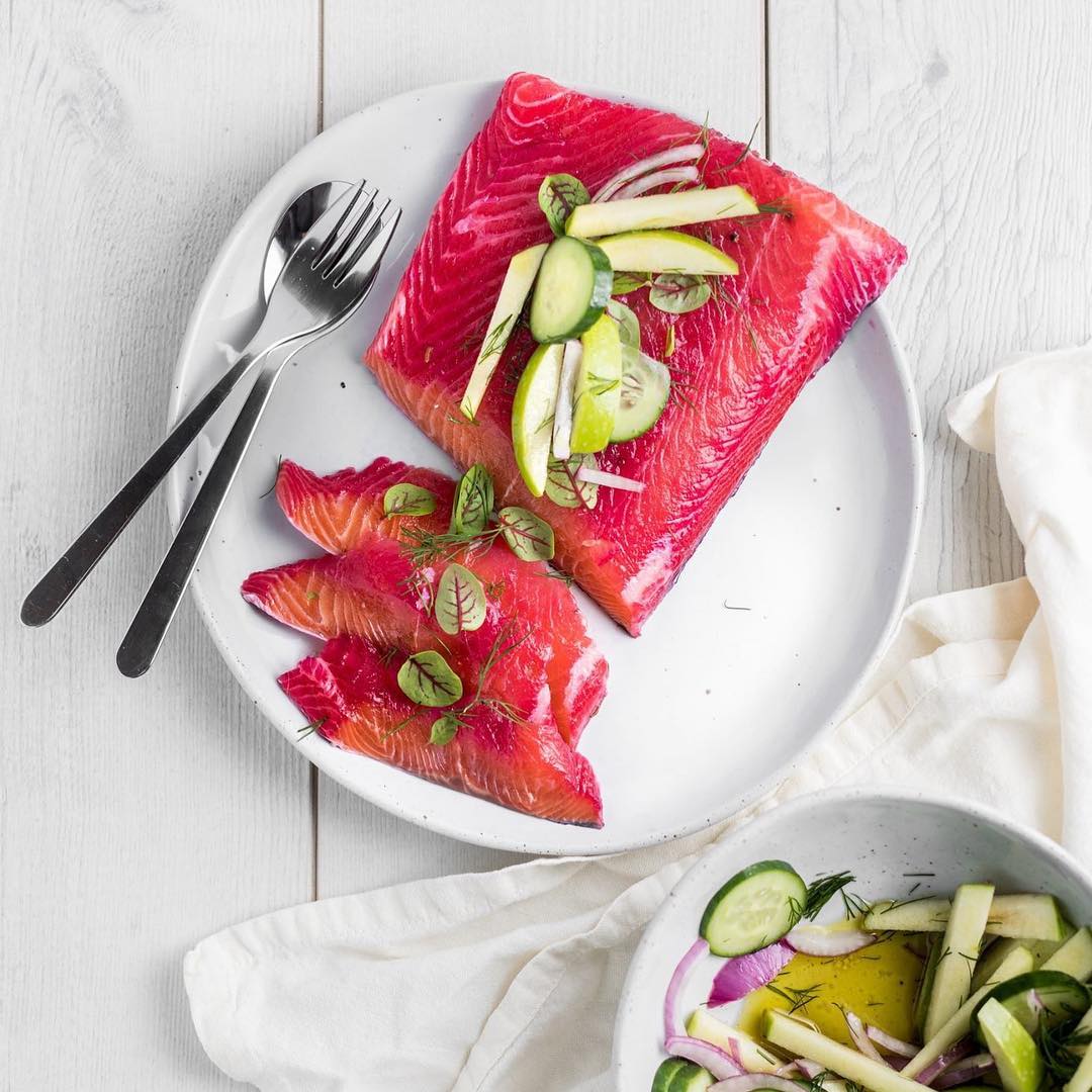 Beetroot Cured Salmon with Apple, Dill and Cucumber Salad