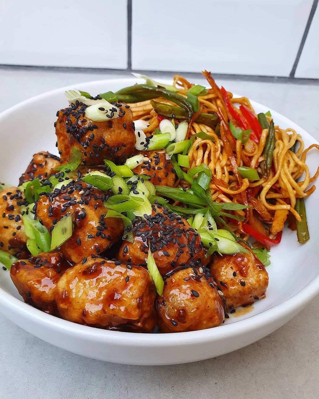 Sticky Korean Bbq Fried Tofu and Noodles⁣