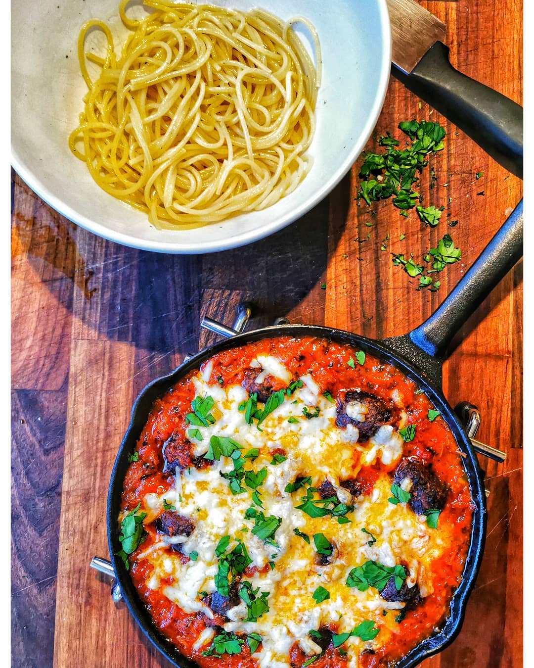 Cheesy Meatball Bake with Black Pepper and Truffle Oil Spaghetti