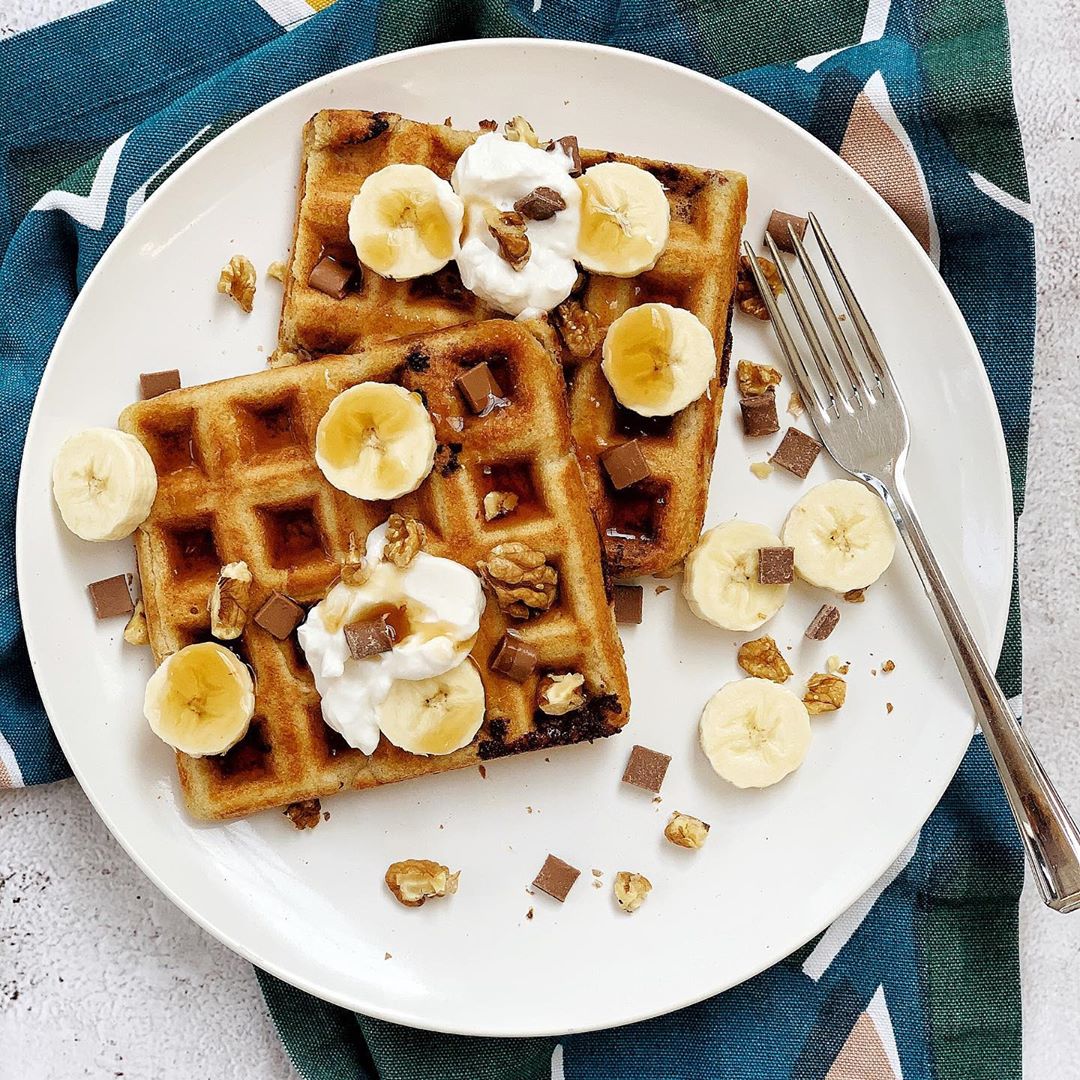 Gluten Free Protein Chocolate Chip Banana Waffles