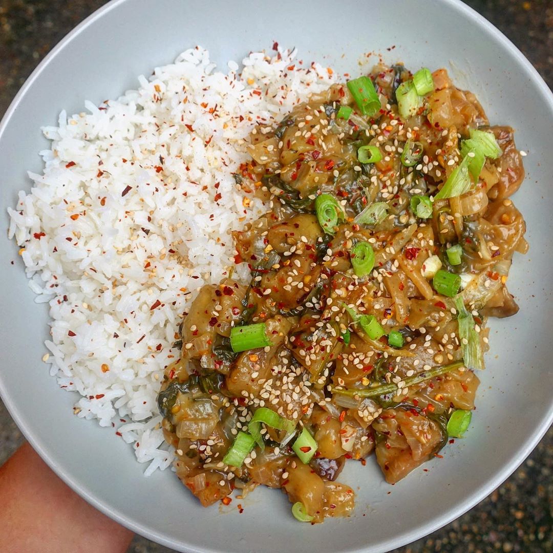 Chinese Aubergine with Chilli Garlic Sauce + Rice