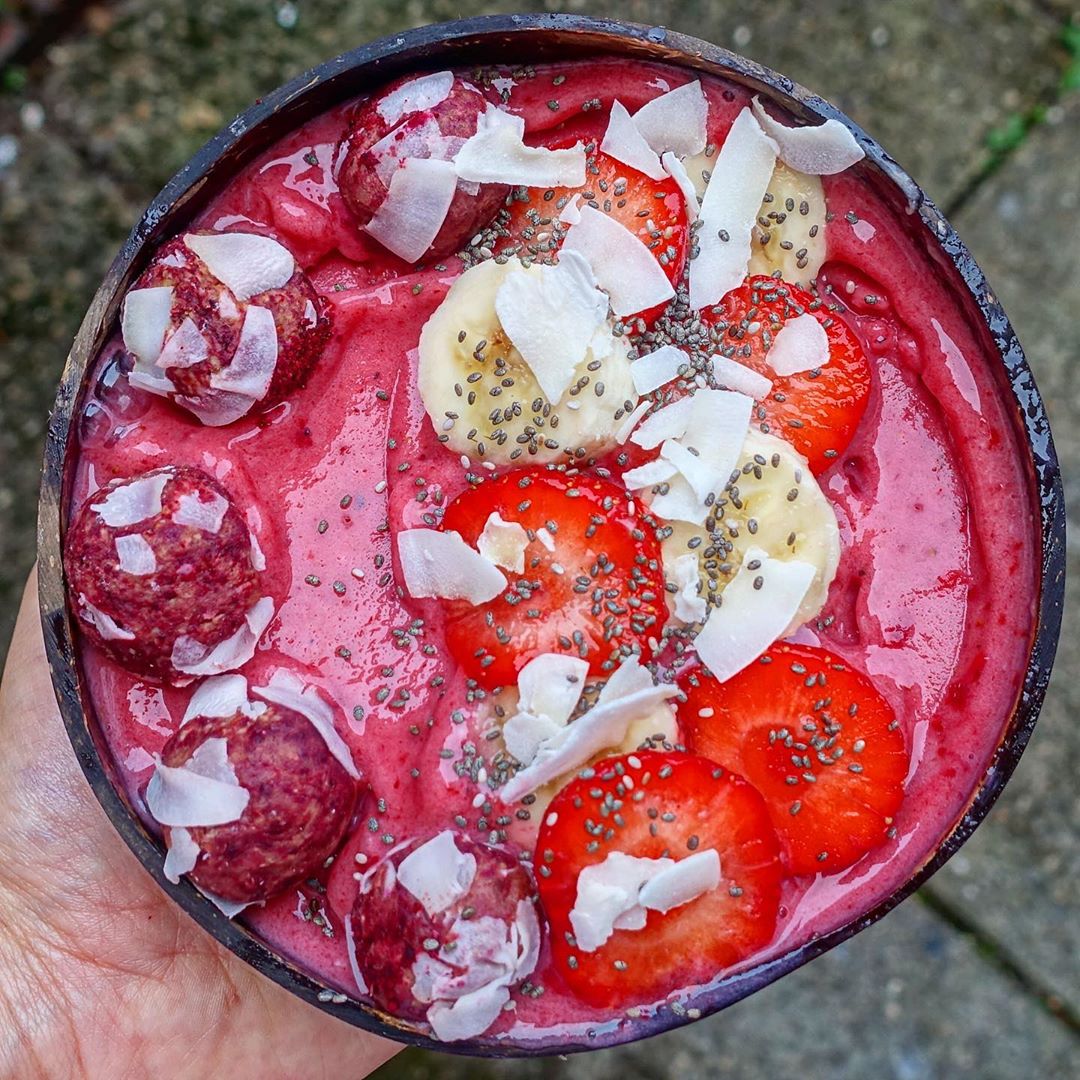 Strawberries + Cream Smoothie Bowl + Pink Coconut Bliss Balls