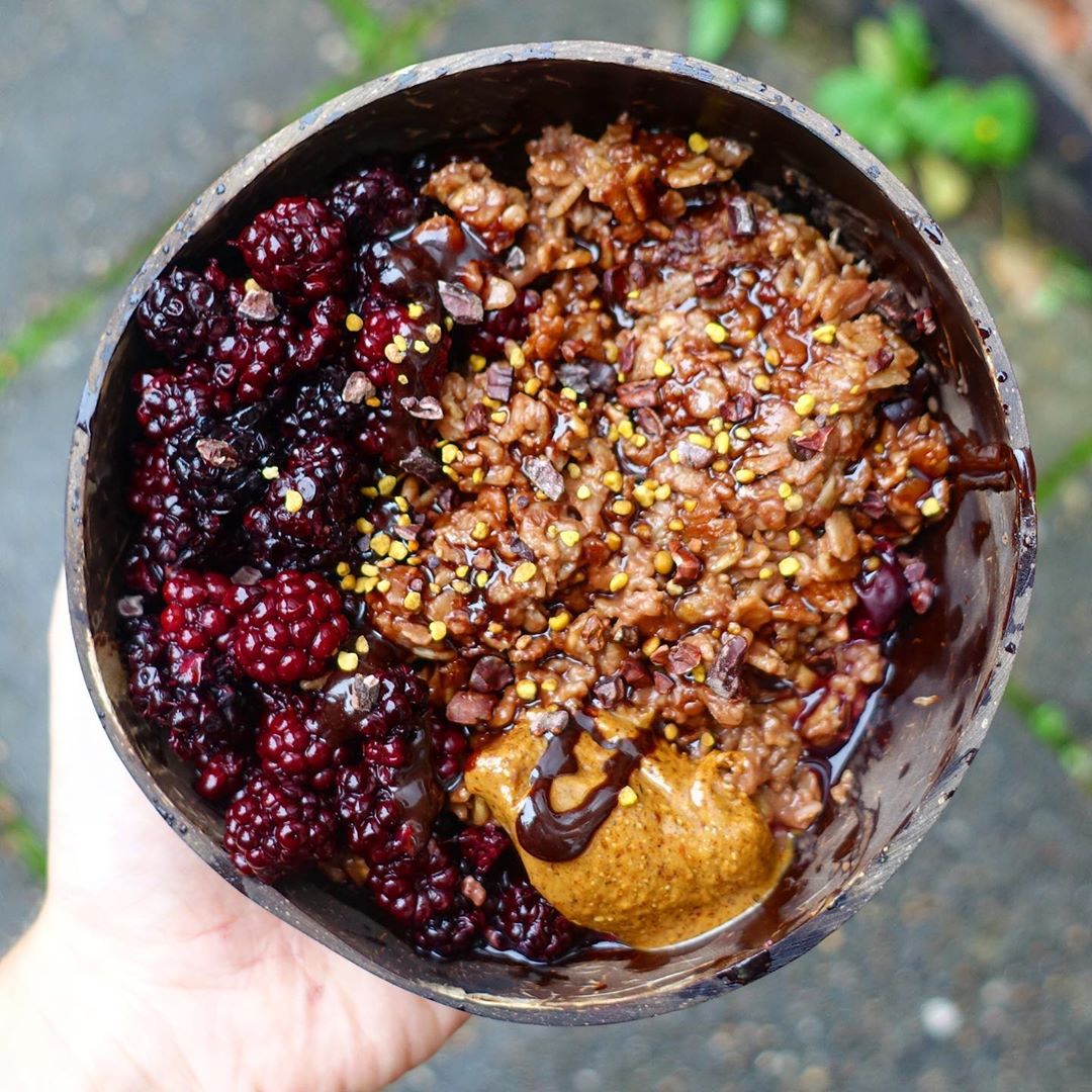 Chocolate Protein Oats W/ Berries + Almond Butter