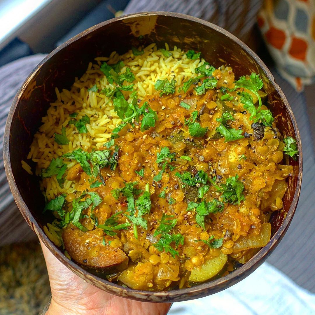 Courgette, Aubergine + Mushroom Lentil Curry W/ Pilau Rice