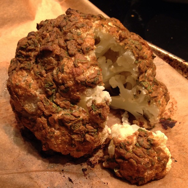 Whole Roasted Organic Cauliflower with Spicy Yogurt Marinade