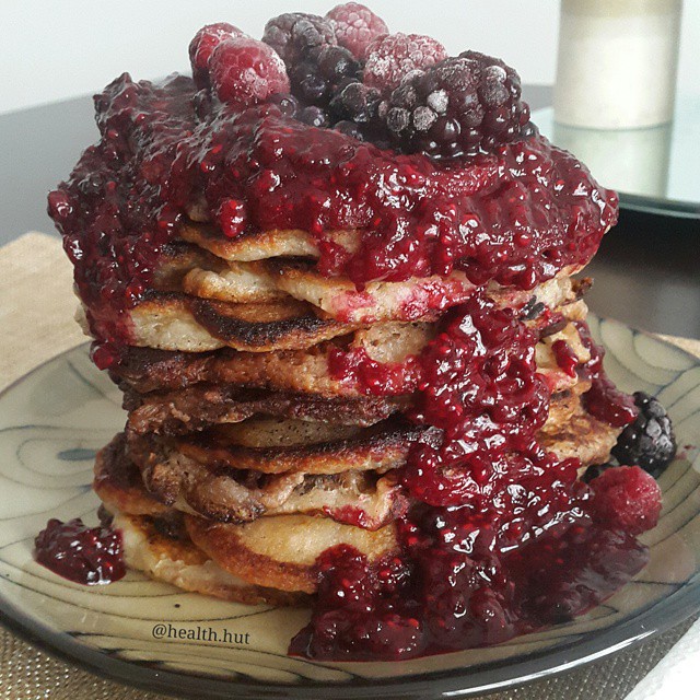 Delicious Cacao Chip Pancakes with Wild Berry Syrup