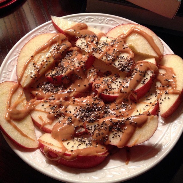Gala Apple Slices with Peanut Butter, Honey, and Chia Seeds
