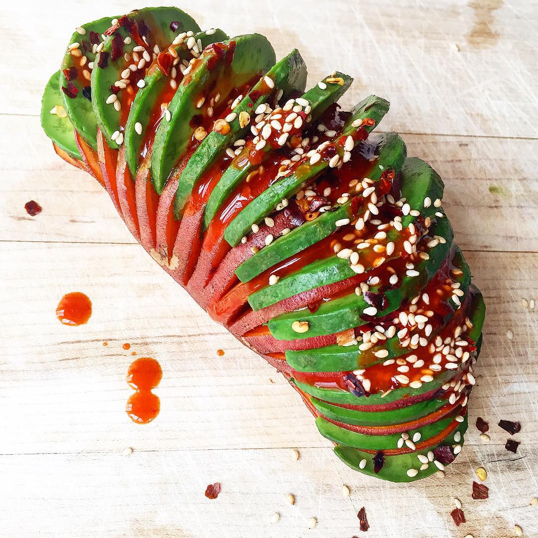 Avocado Stuffed Hasselback Sweet Potato Meal