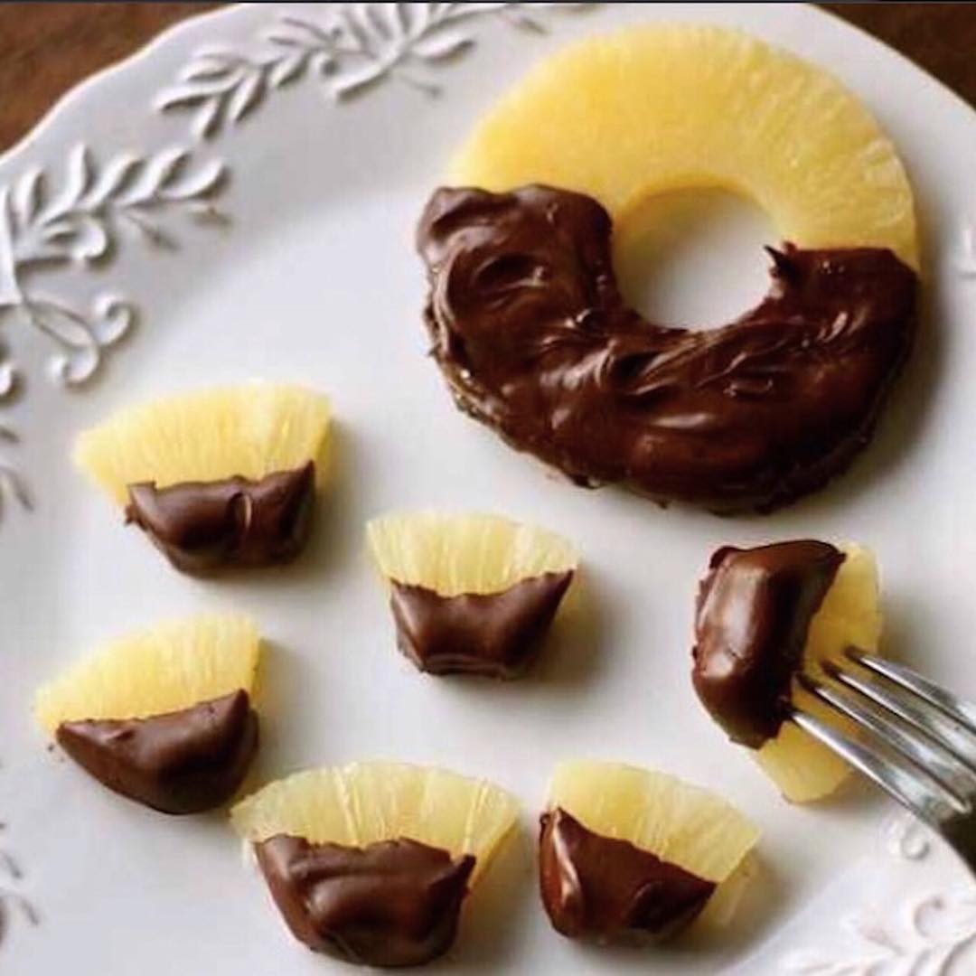 Pineapple Rounds Dipped in Homemade Chocolate Sauce