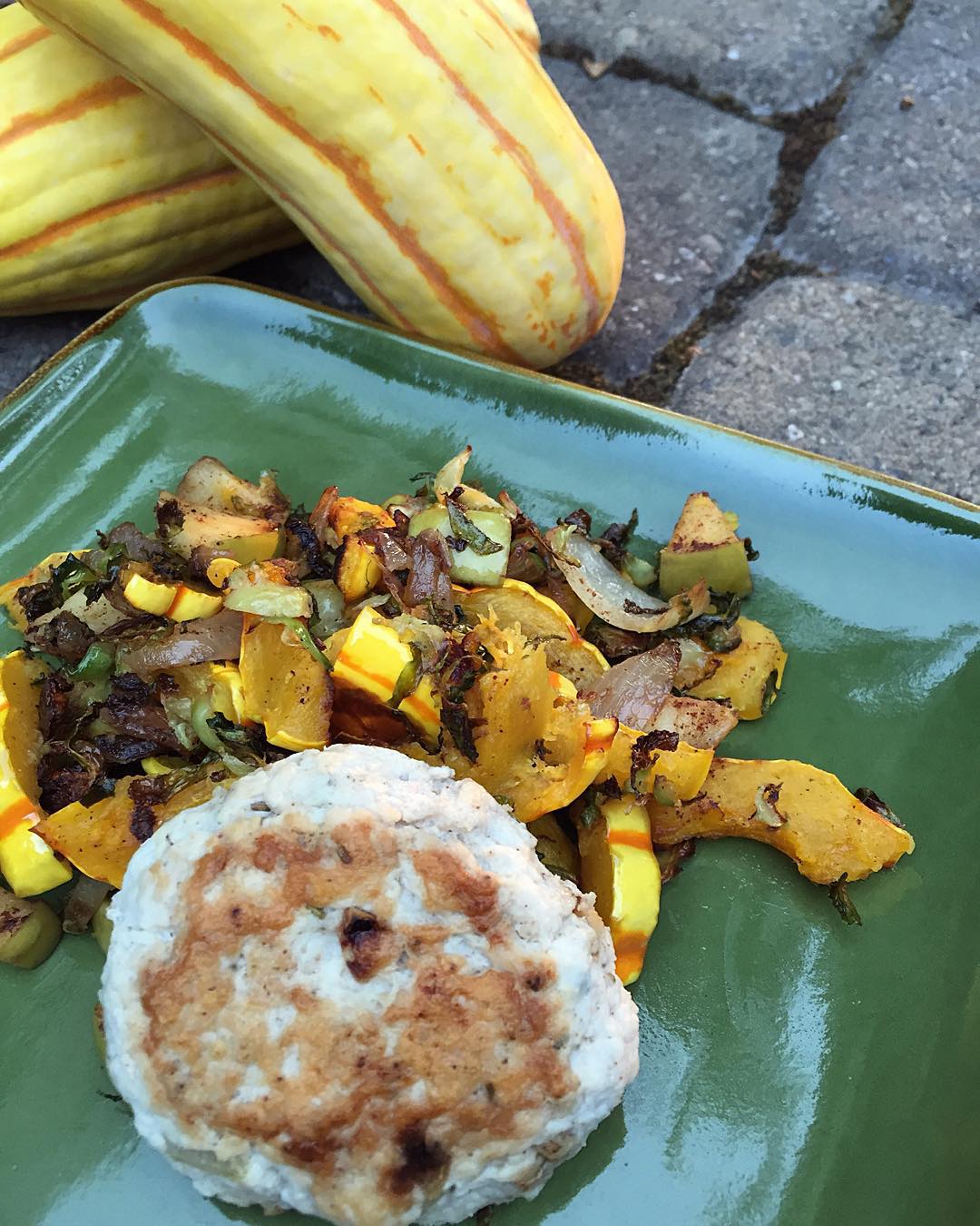 Vegetable Hash of Delicata Squash (Watch Your Portions), Brussels Sprouts, Bacon, Onion and Apple