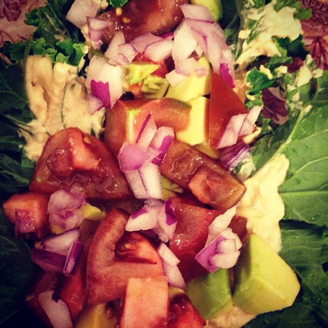 Kale Wrap with Tomato Avocado and Onion