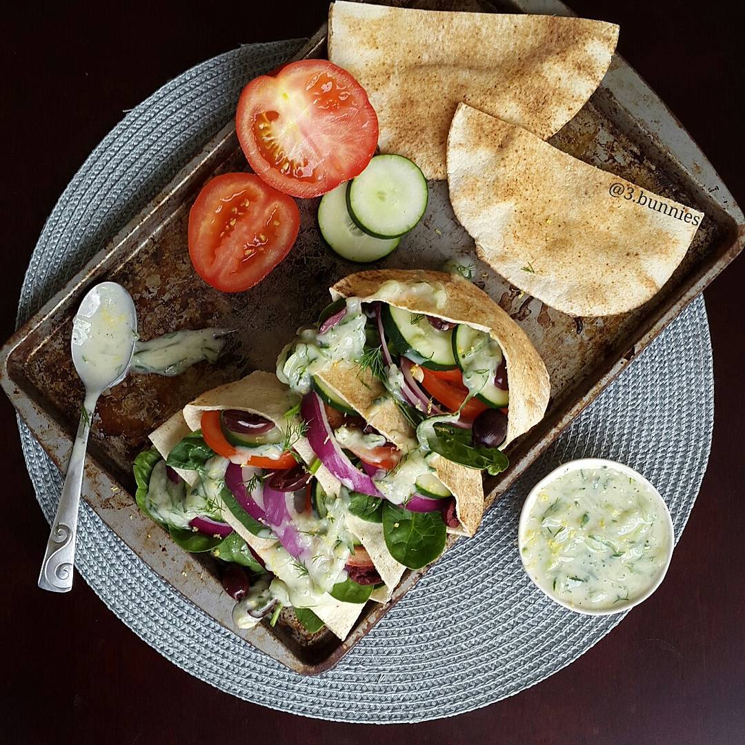 Stuffed Pitas with a Sour Cream Tzatziki Sauce