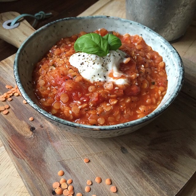 Tomato & Basil Lentil Soup with a Hint of Spice