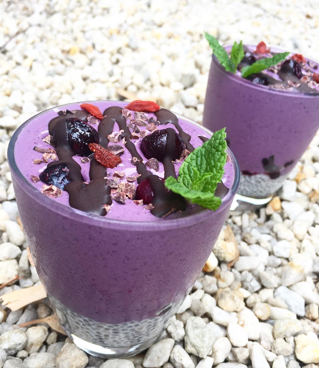 Blueberry-Buckwheat Chia Parfait Drizzled with Raw Chocolate and Cacao Nibs