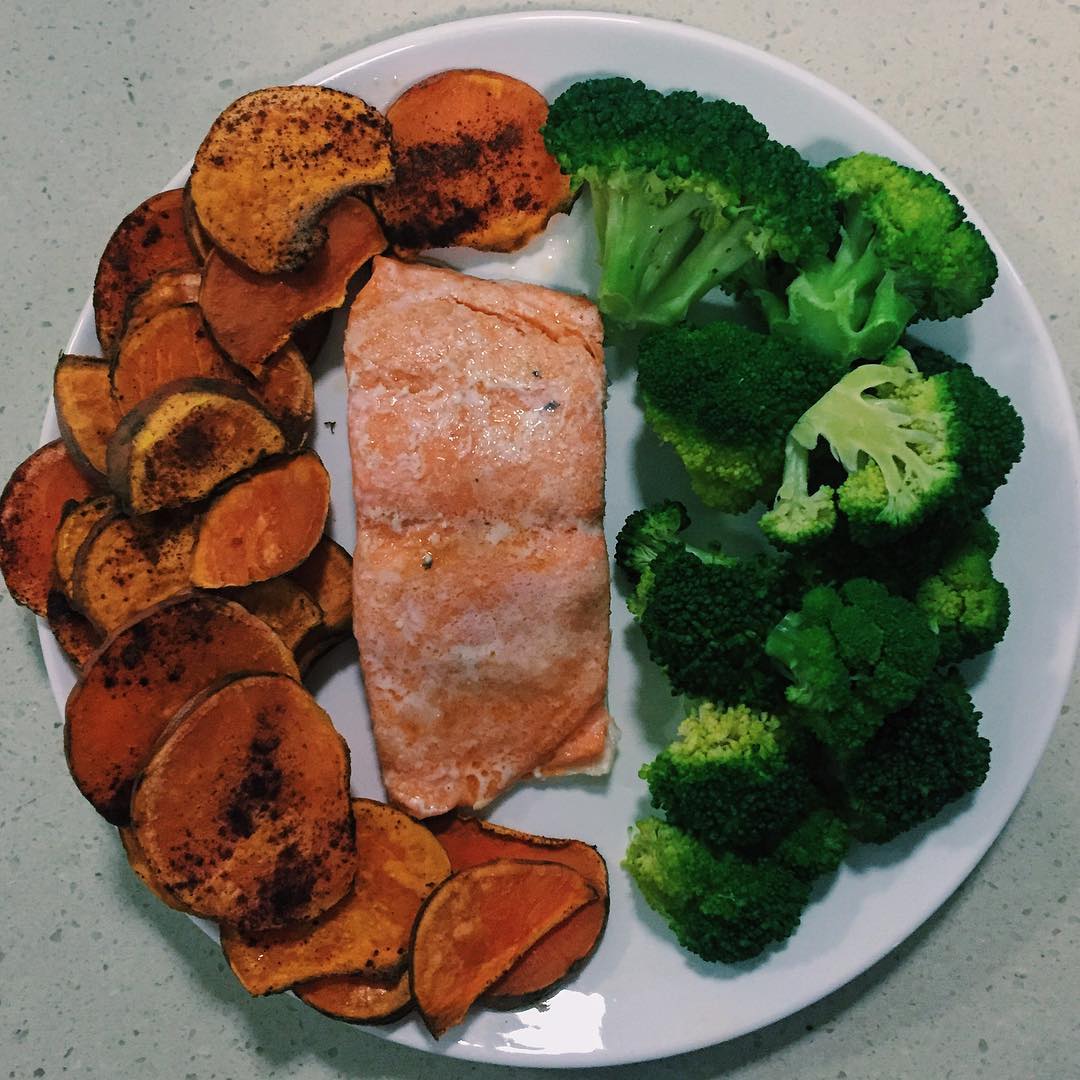 Baked Salmon with Cinnamon Sweet Potatoes and Broccoli