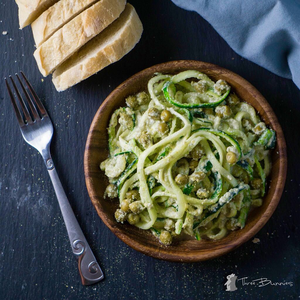Raw Vegan Zucchini Alfredo with Peas