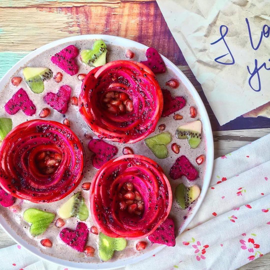 Natural Pink Apple Roses on Acai Smoothie Bowl