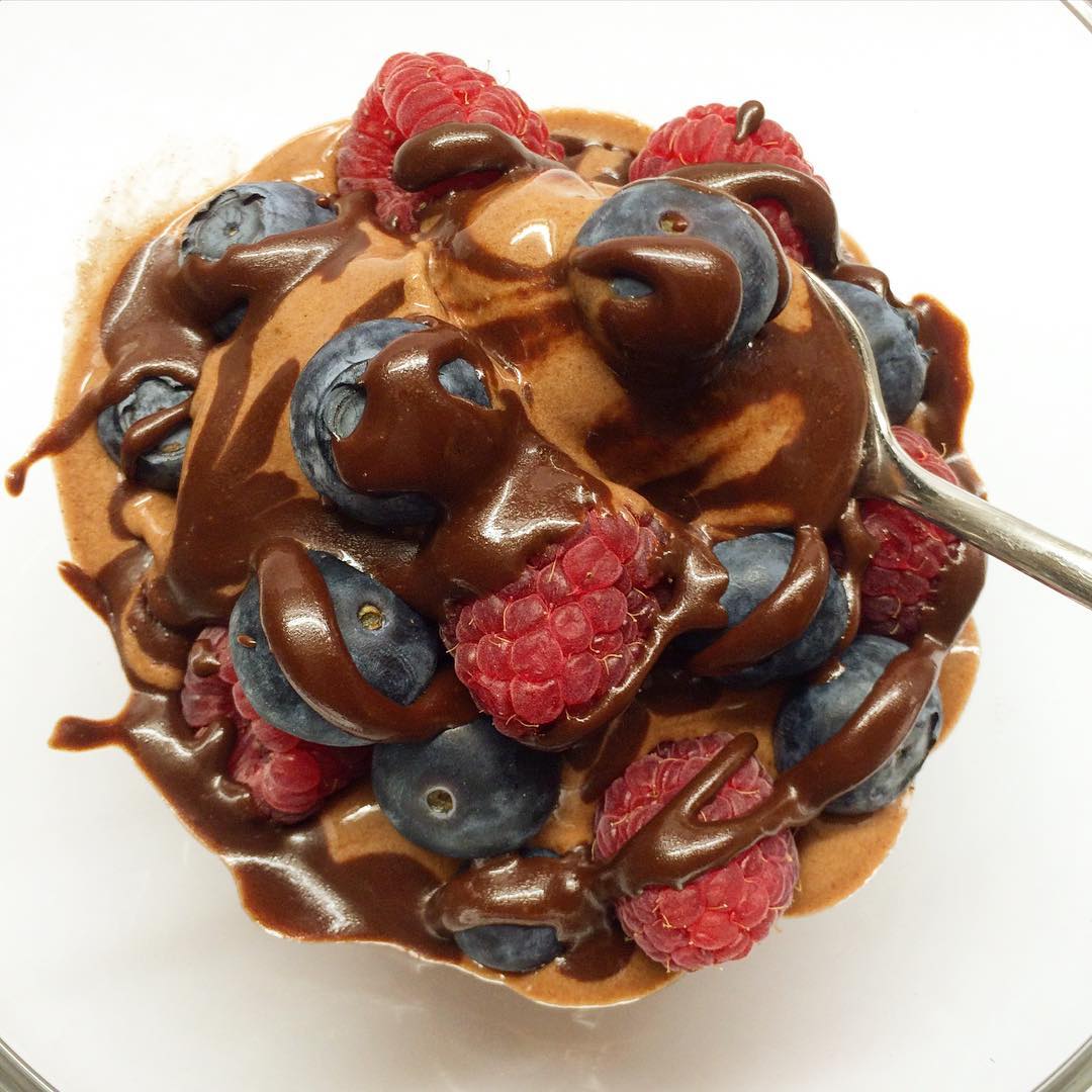 Chocolate Nicecream with Chocolate Sauce and Berries