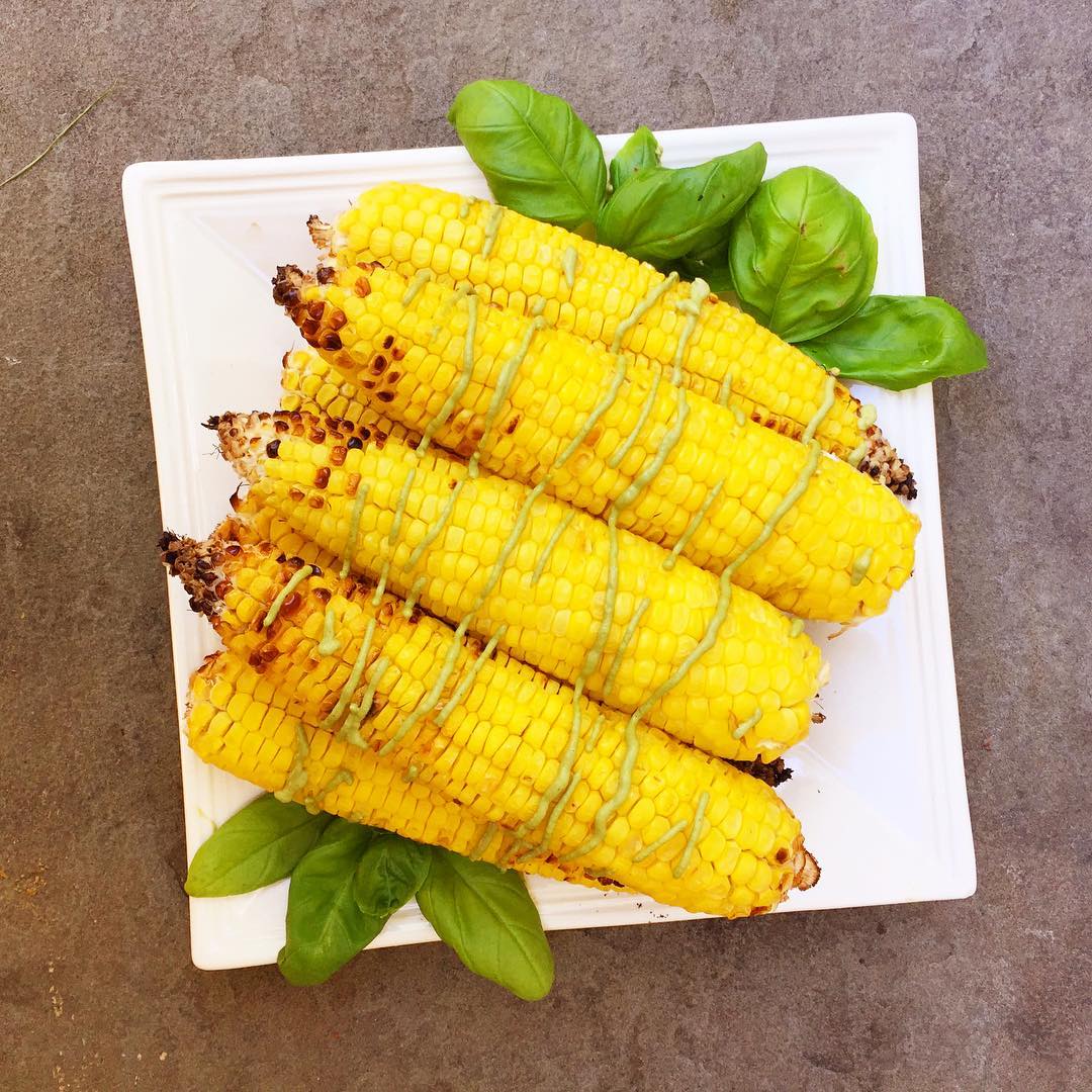 Grilled Corn with Oil-Free Basil Pesto