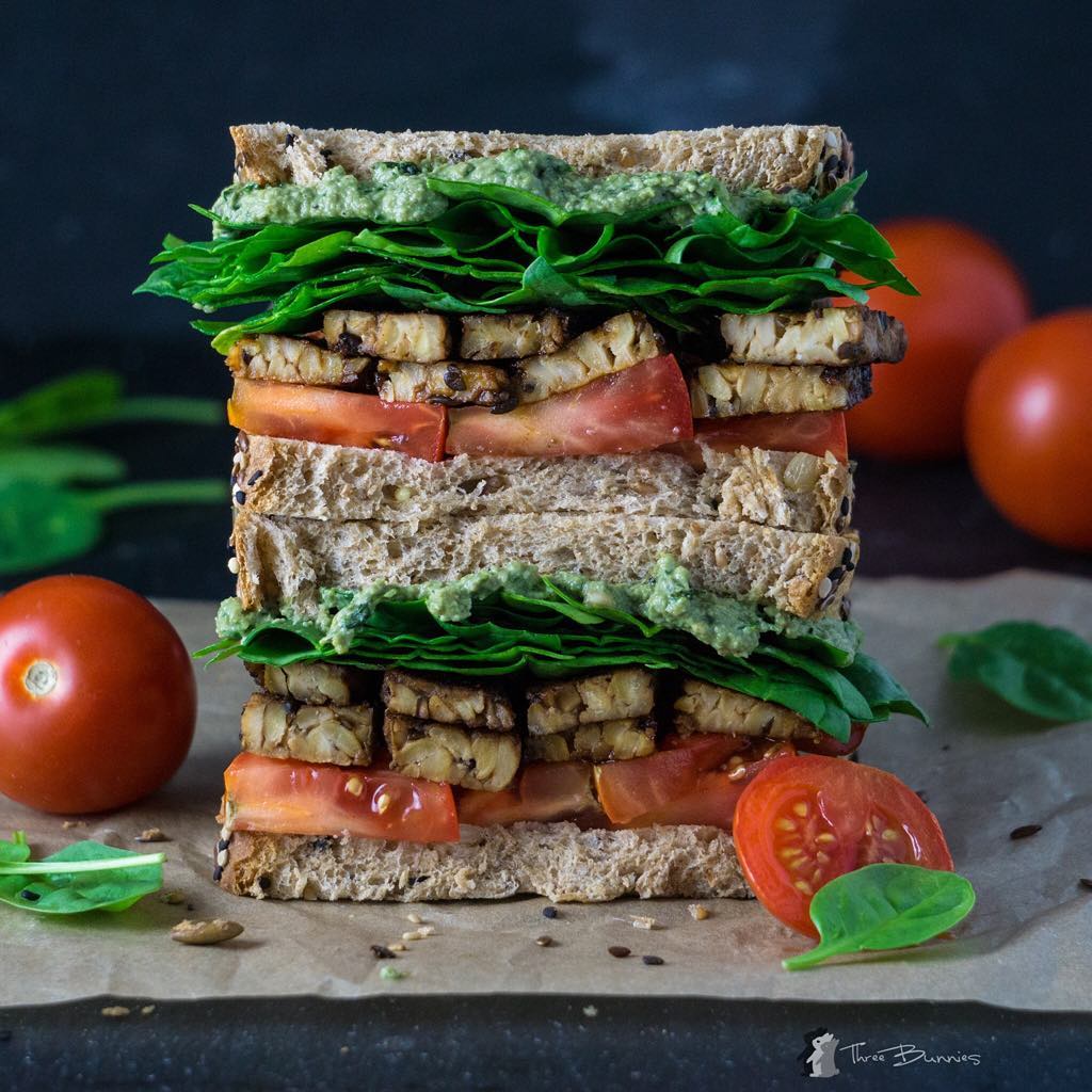 Vegan Tempeh Bacon Spinach Tomato Sandwich