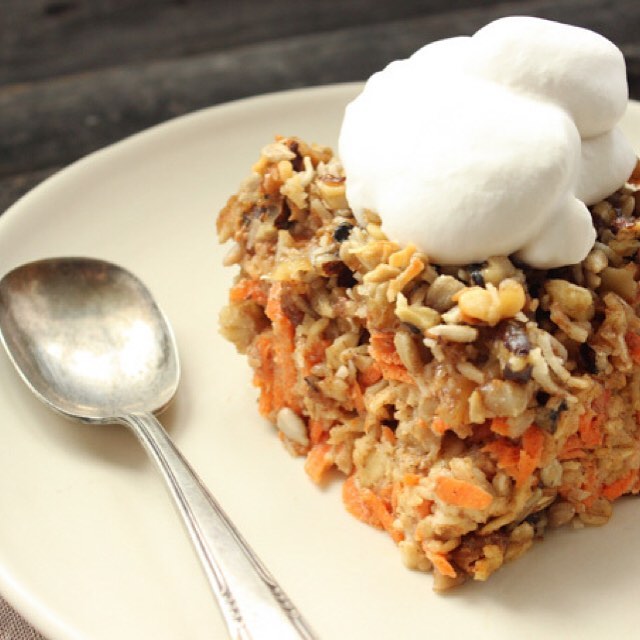 Spiced Carrot Cake Baked Oatmeal with Maple Nut Topping