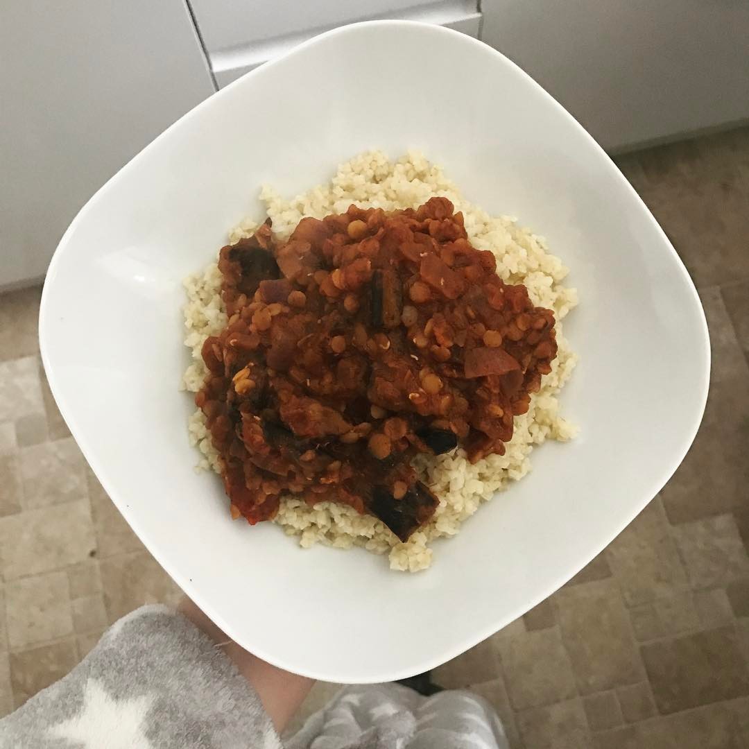 Aubergine and Lentil Curry Served with Bulgur Wheat