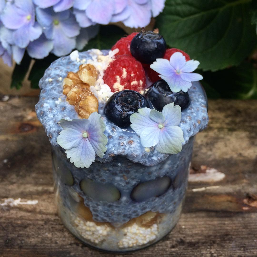 Coconut and Butterfly Pea Flowers Tea Chia with Puffed Amaranth, Baobab, Walnuts and Berries